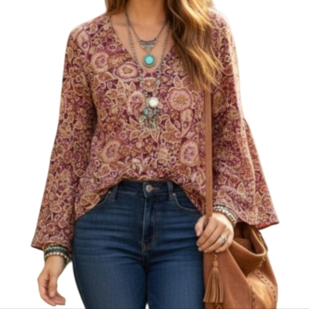 Charlotte Russe Boho Paisley Bell Sleeve Top Sequin Detail Large Vtg